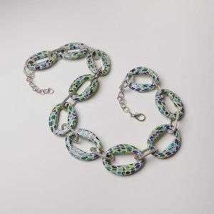 Funky Rubber Large Link Chain Mosaic Pop Art Blue Green Statement Necklace